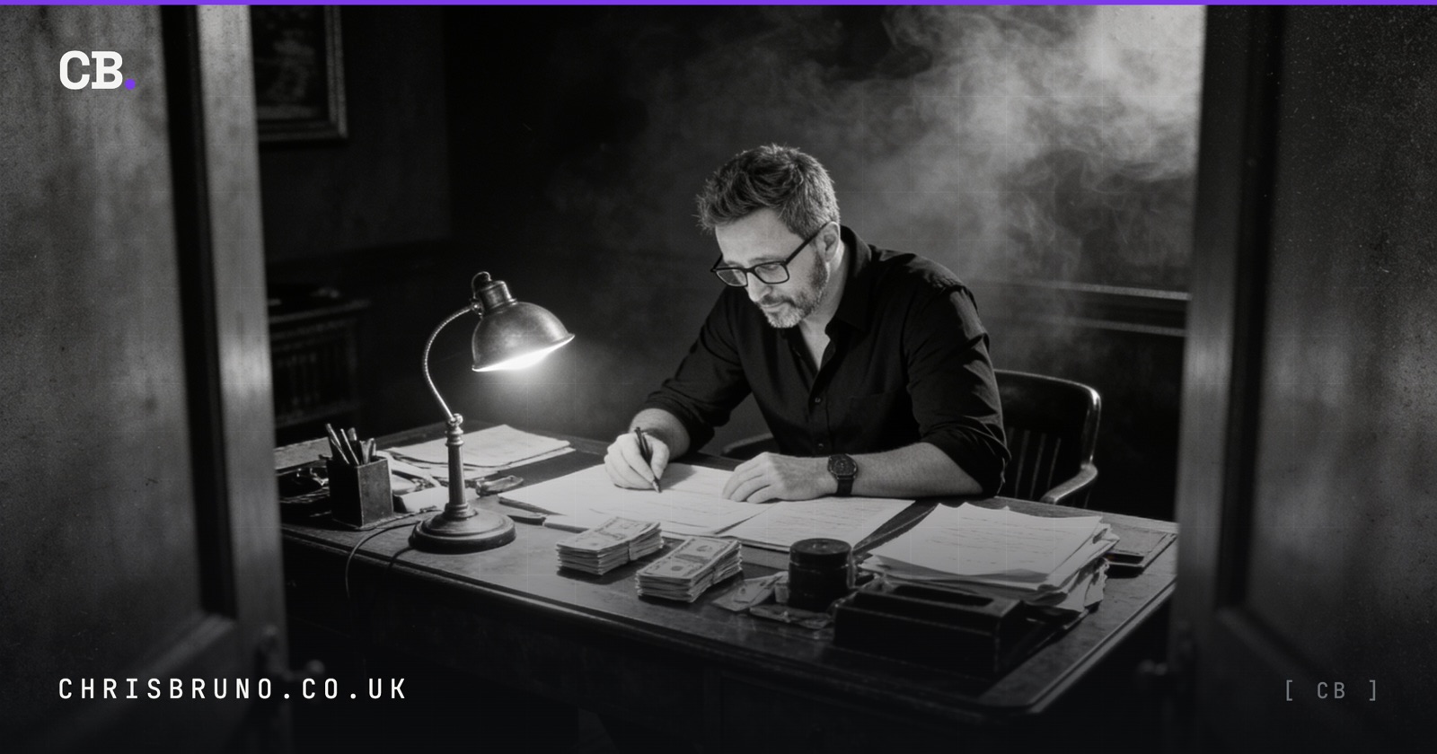 Black and white scene of Chris working at a desk by lamplight, going through papers and stacks of notes