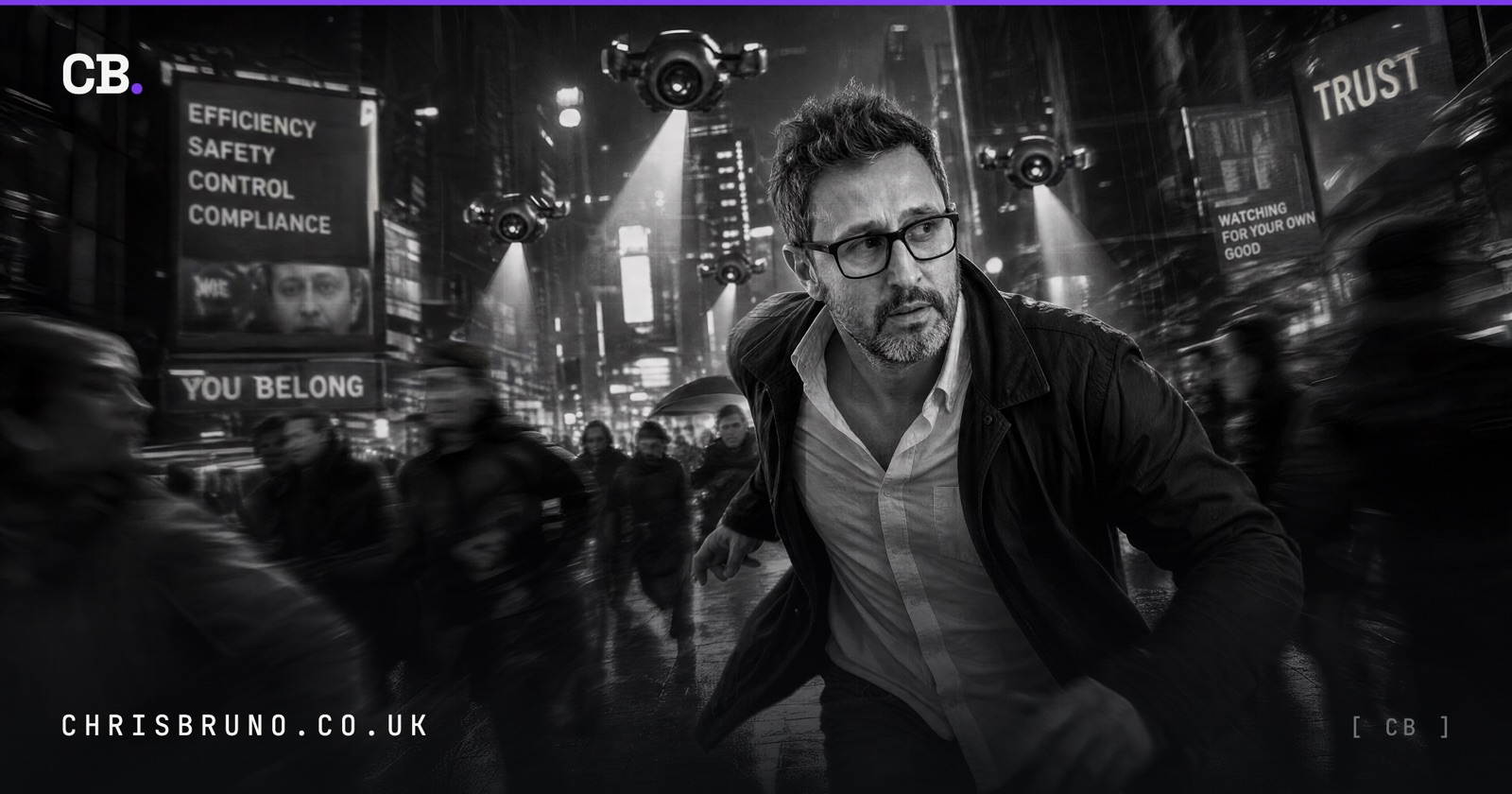 Black and white scene of Chris hurrying through a crowded futuristic city, watched by drones and billboards